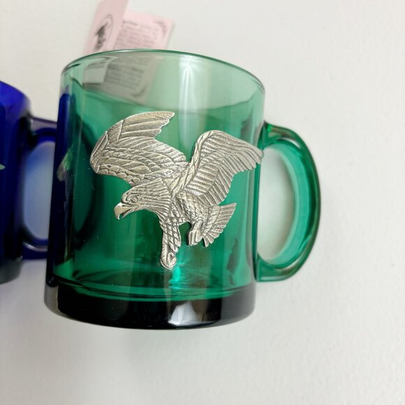 HERITAGE PEWTER Eagle Coffee Mugs Set Of 2 Glass Jade Cobalt Patriotic Woodland - Picture 4 of 15